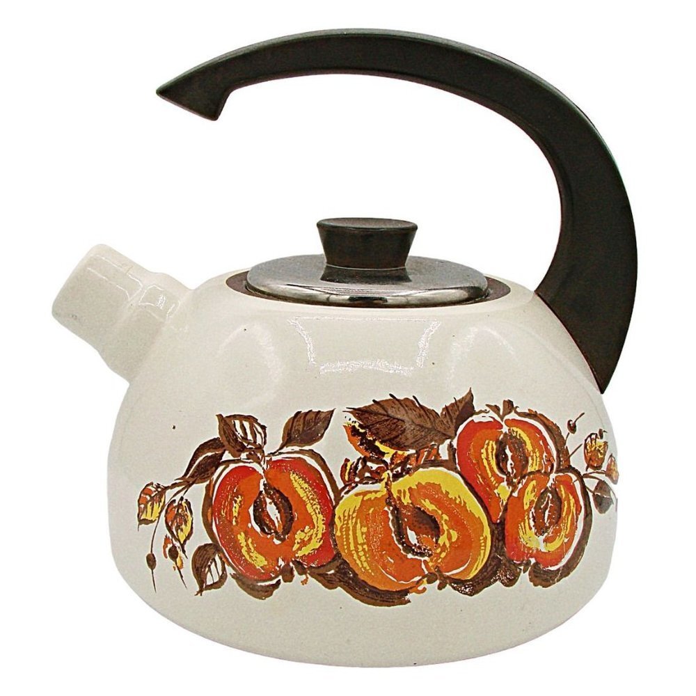 1970 JMP Enamelware Tea Kettle Water Kettle MCM Fruit Design Orange Brown Yellow